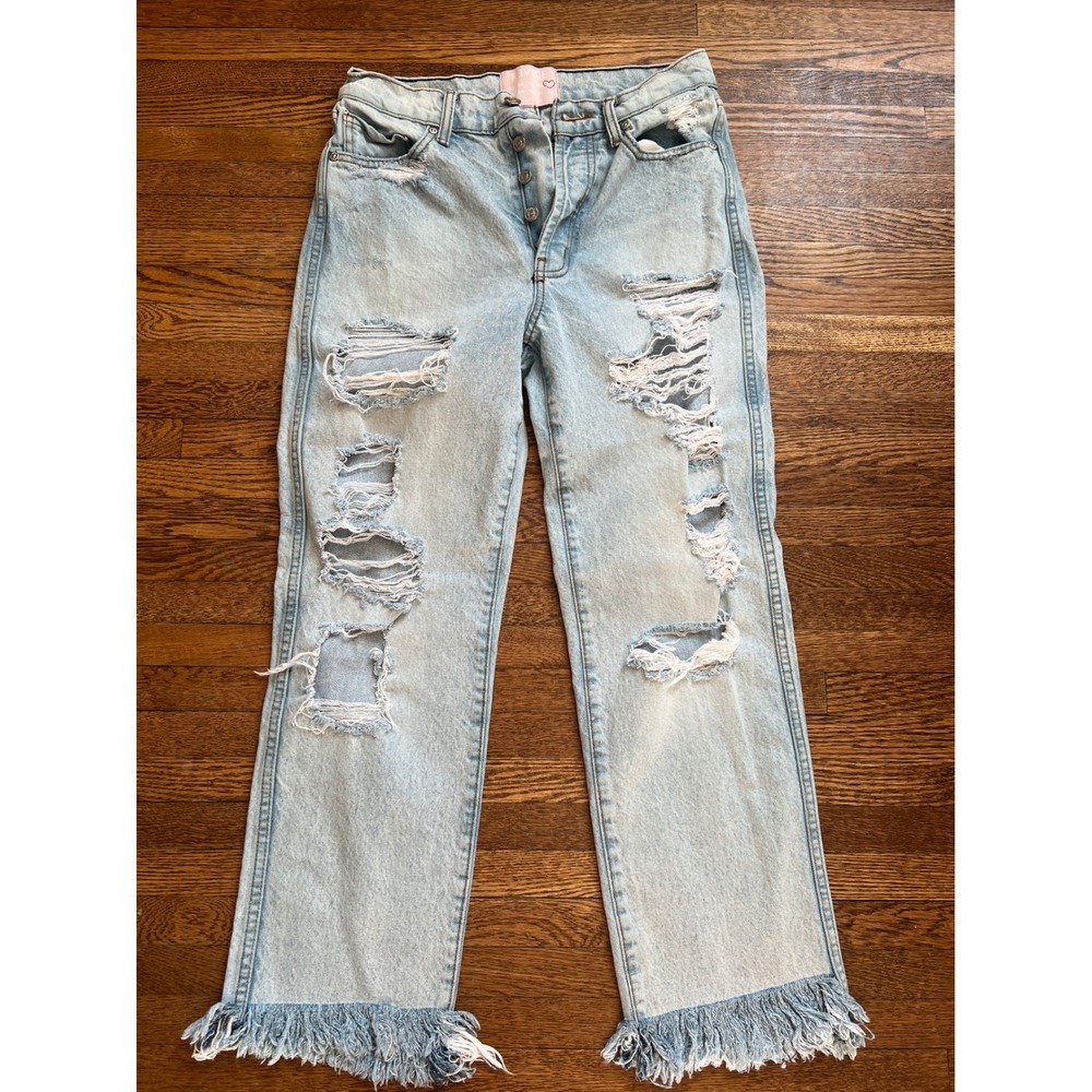Revice Denim Light Wash Distressed Straight Leg Fringed Hem Jeans Women 26